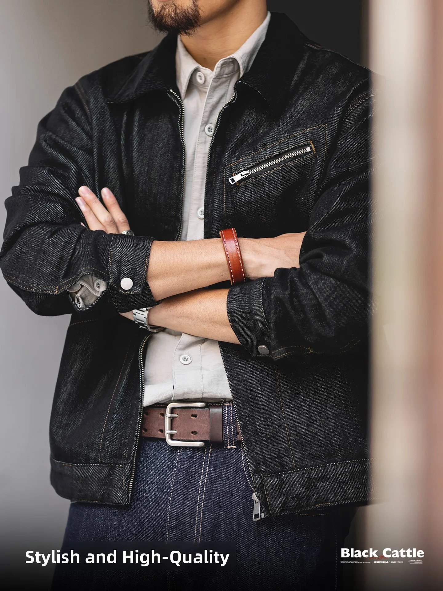 American Detroit Loose Fit Casual Denim Jacket Men's Black Casual Workwear Coat Spring Autumn Cotton Polyester Blend