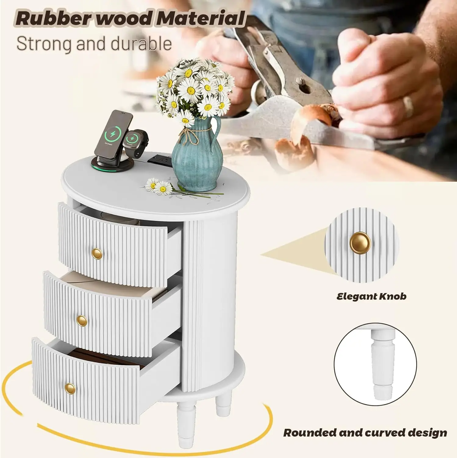 Round End Table With Charging Station, Wood Side Table With Storage For Small Spaces, White Nightstand With 3 Drawers, Couch