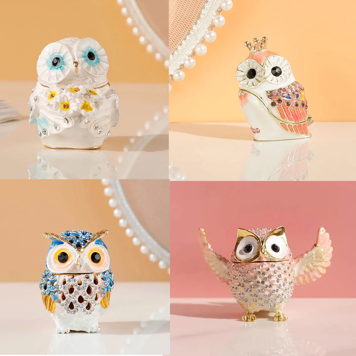 Cute Big Eyes Owl Holding Pink Bouquet Trinket Box with Hinged Classic Animal Ornaments Unique Gift for Family