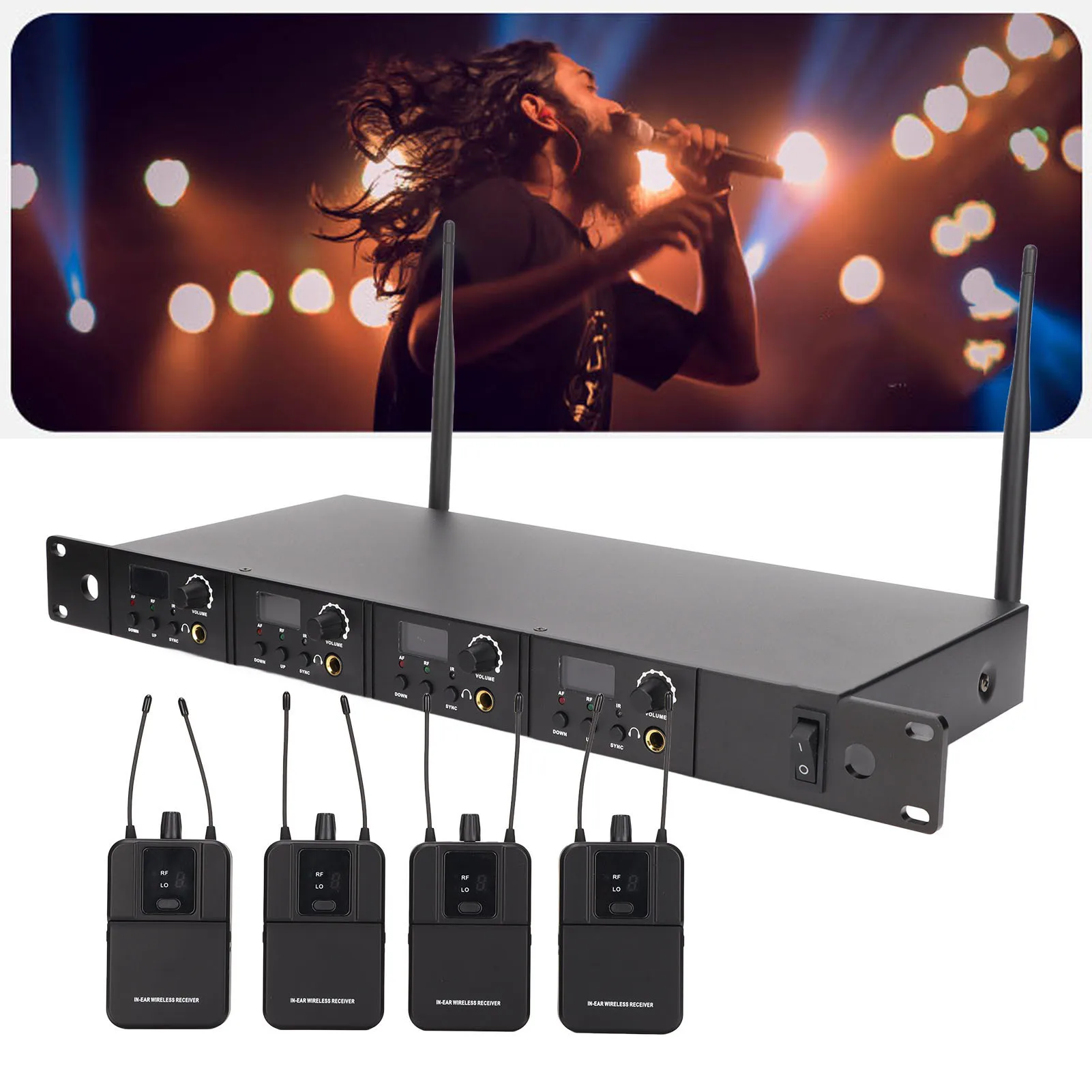 EM-D04 Wireless Stage Monitor System 4 Channel Selectable Sound Frequency Ear Monitor Receiver for Studio Recording EU Plug HT