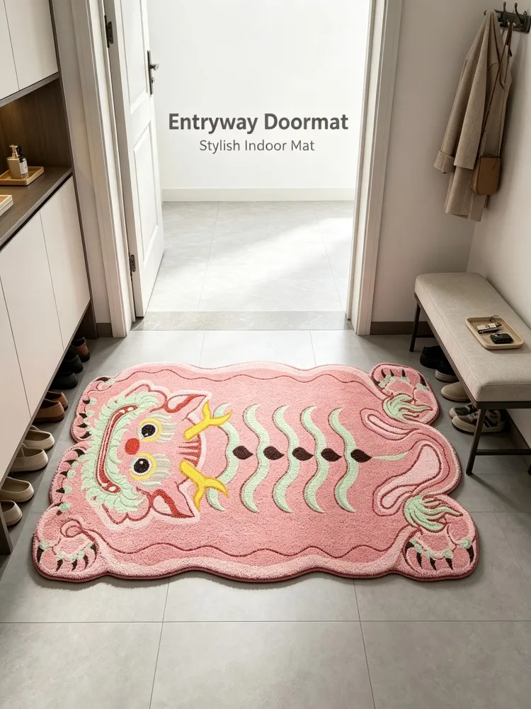 Cute Pink Mythical Beast Lion‑Shaped Area Rug Soft Flannel Non‑Slip Floor Mat Irregular Animal Carpet For Bedroom Sofa Living Ro