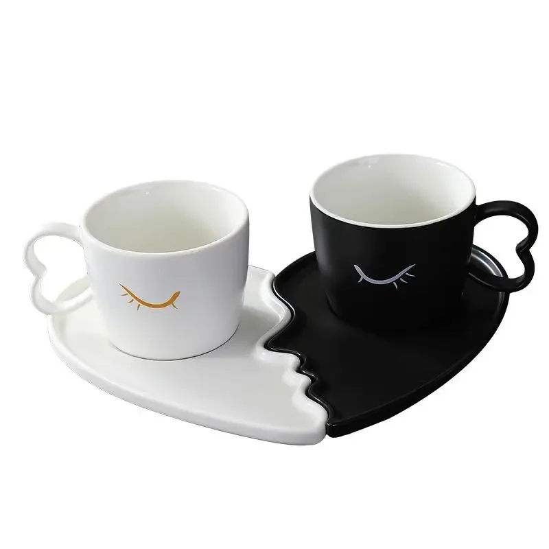 High-grade Minimalist Ceramic Coffee Mug Set Light Luxury Retro Milk Tea Cup Exquisite Black White Couple Matching Cups Gift