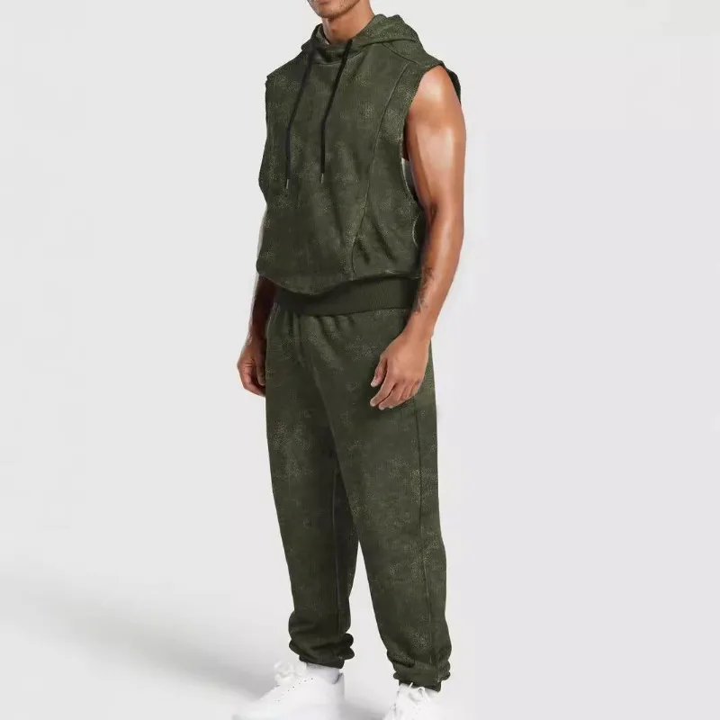2025 Men's Vintage Floral Streetwear Sleeveless Hooded Jumpsuit Recreational Sports Summer Outfit Set