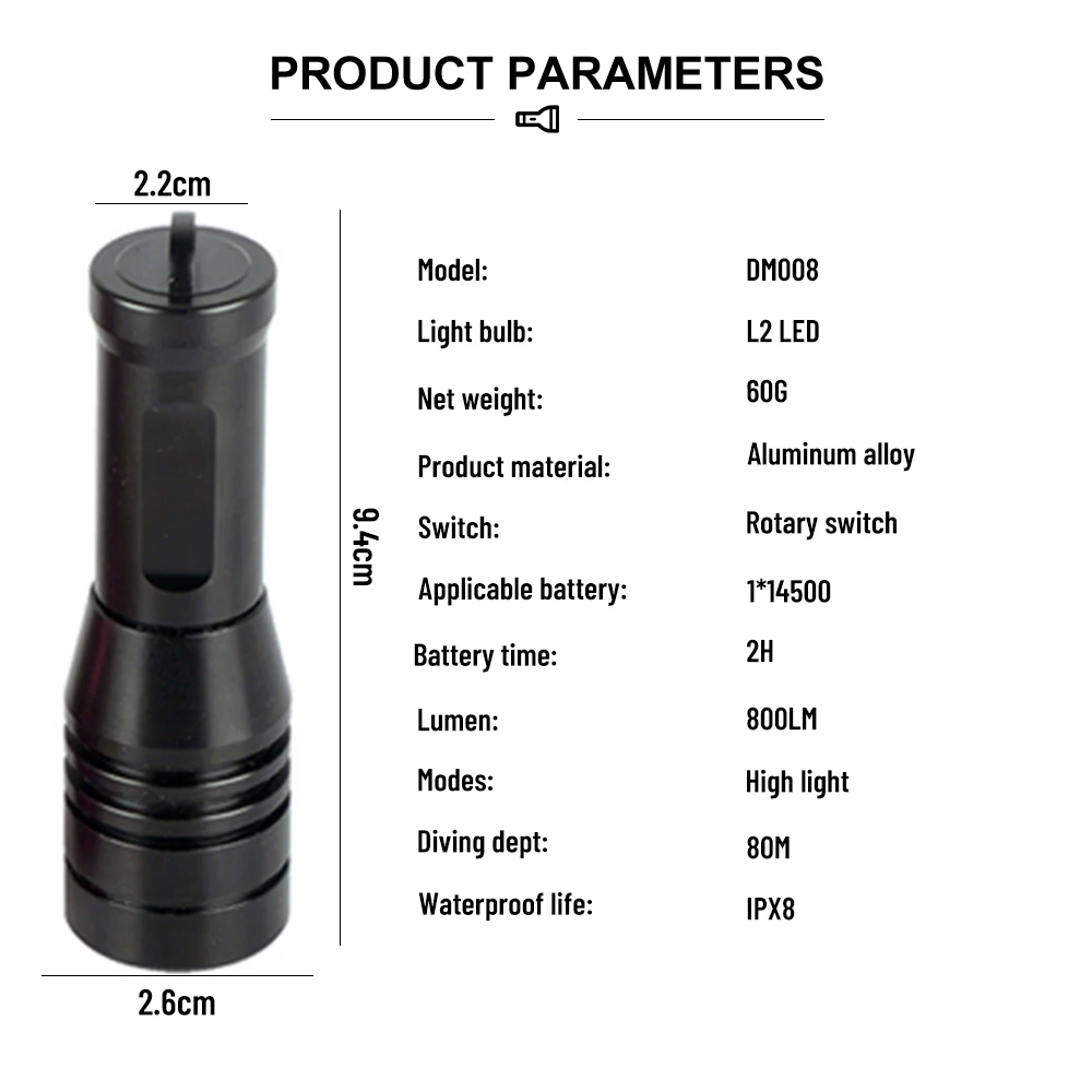 Asafee-linterna de buceo DM008, 80M, L2, LED, 800LM, IPX8, impermeable, interruptor giratorio, 1 modo, batería 14500