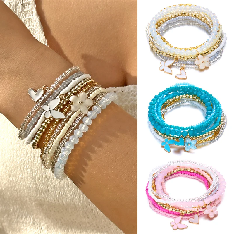 9 قطعة/المجموعة متعدد الطبقات فراشة زهرة القلب الخرز قلادة سحر سوار للنساء سلسلة مطاطا حبل أساور مجوهرات هدية