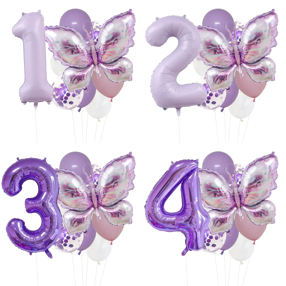 10pcs Purple Butterfly 40inch Number Balloon Set Large Colorful Butterfly Foil Balloon Baby Shower Birthday Party Christmas Deco