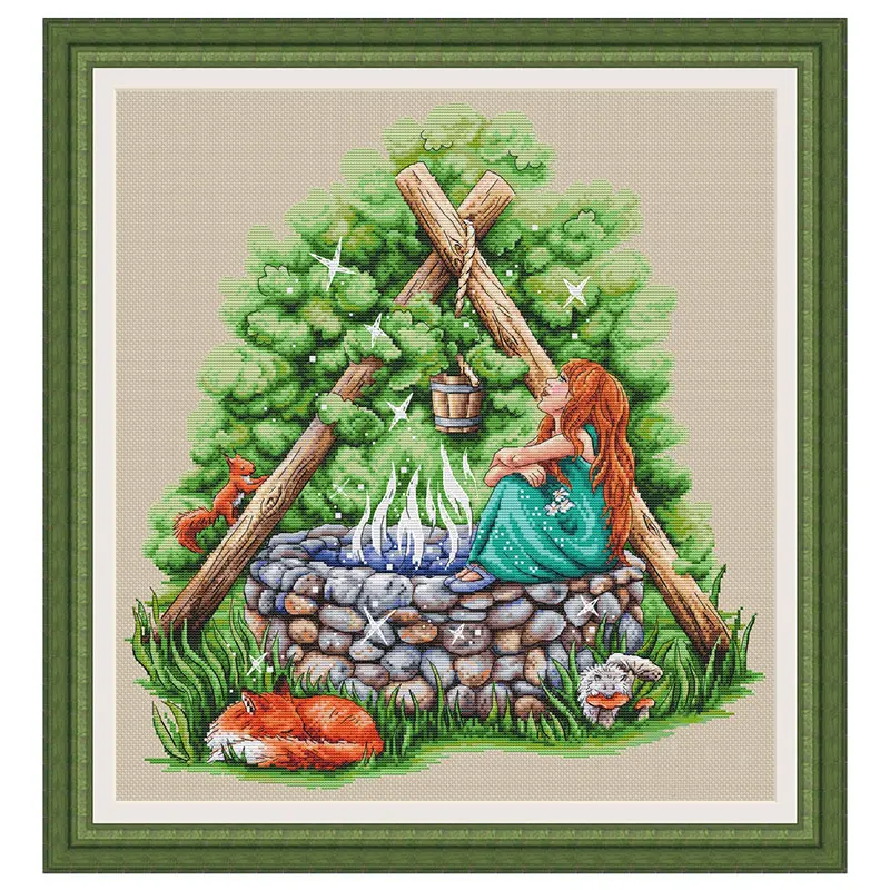 Fishxx Cross Stitch Kit E1245 Fox Girl By The Well Hemp Color