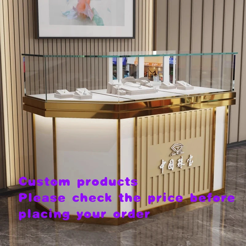 custom.Customizable Design Modern LED Rectangular Glass Jewelry Display Cabinet Counter Retail Showroom Silver Jade