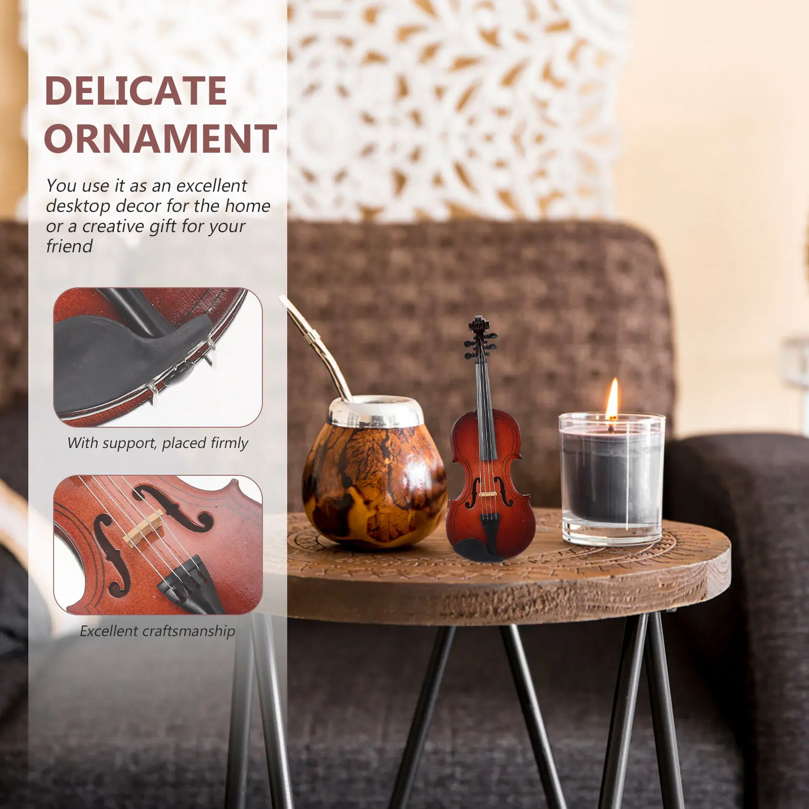 1Set Tiny Violin Adornment Smooth Wood Craft Elegant Desktop Decor for Living Room Office Study Decoration Accessory