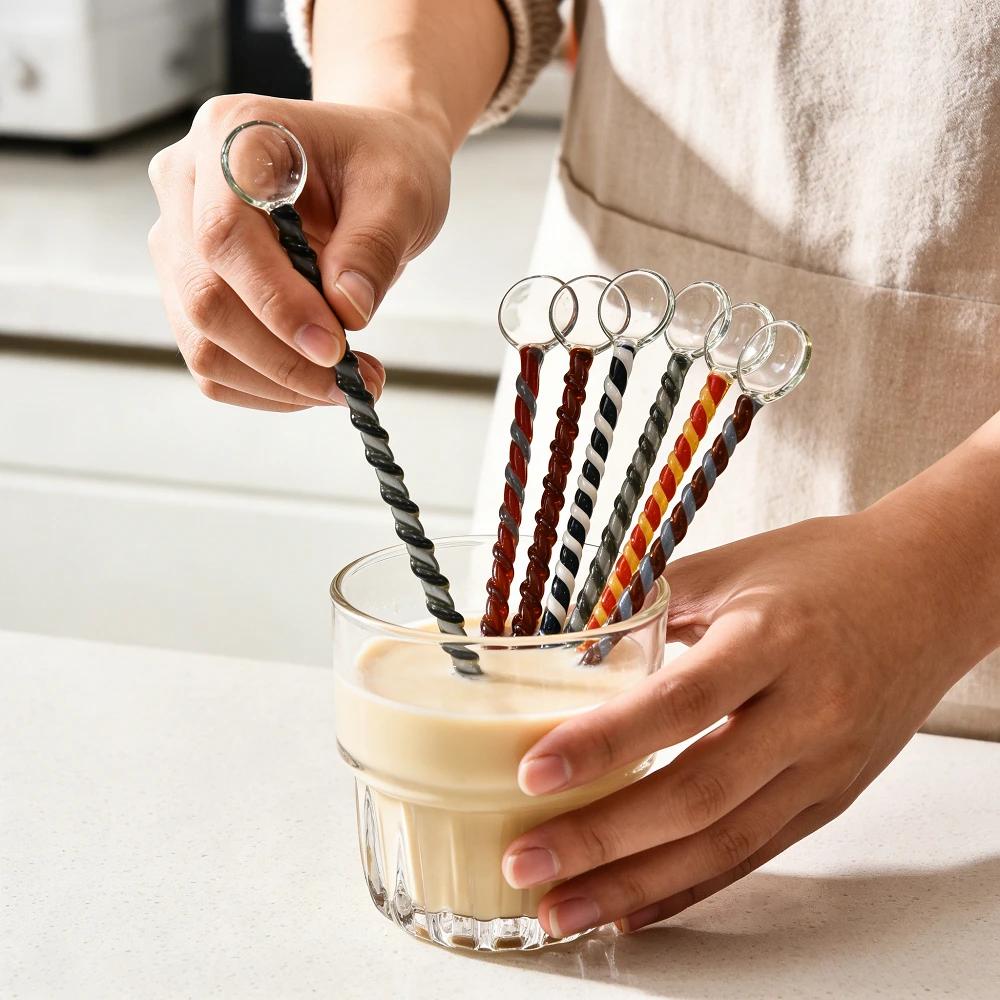 Creative Colorful Threaded Glass Spoons, Household Restaurant Ice Cream Dessert Small Spoon, Breakfast Milk Coffee Mixing Sticks