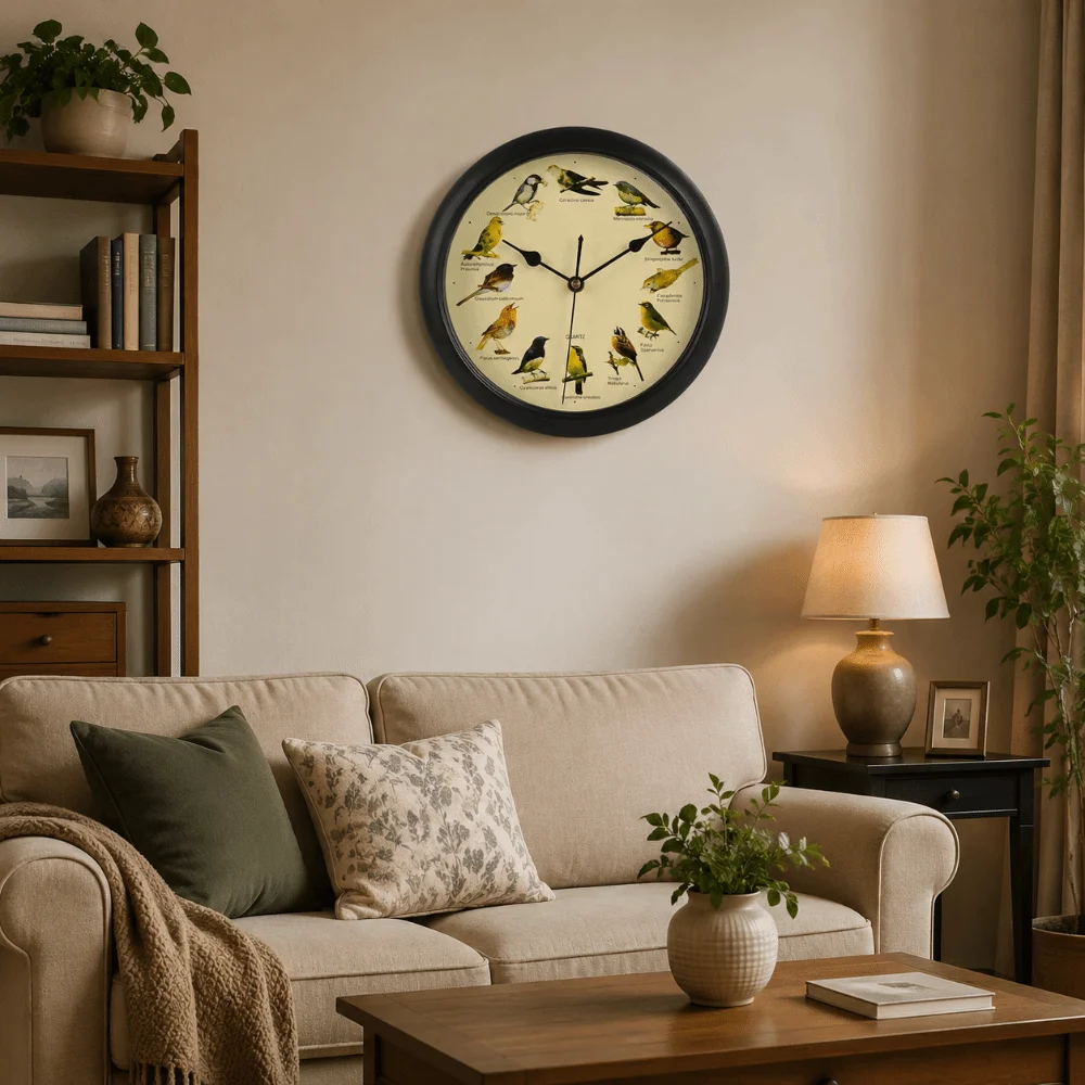 10 Inch Wall Hanging Clock Hanging Style Sound Feature Singing Bird Clock Decorative Design Musical Wall Clock Room Decoration
