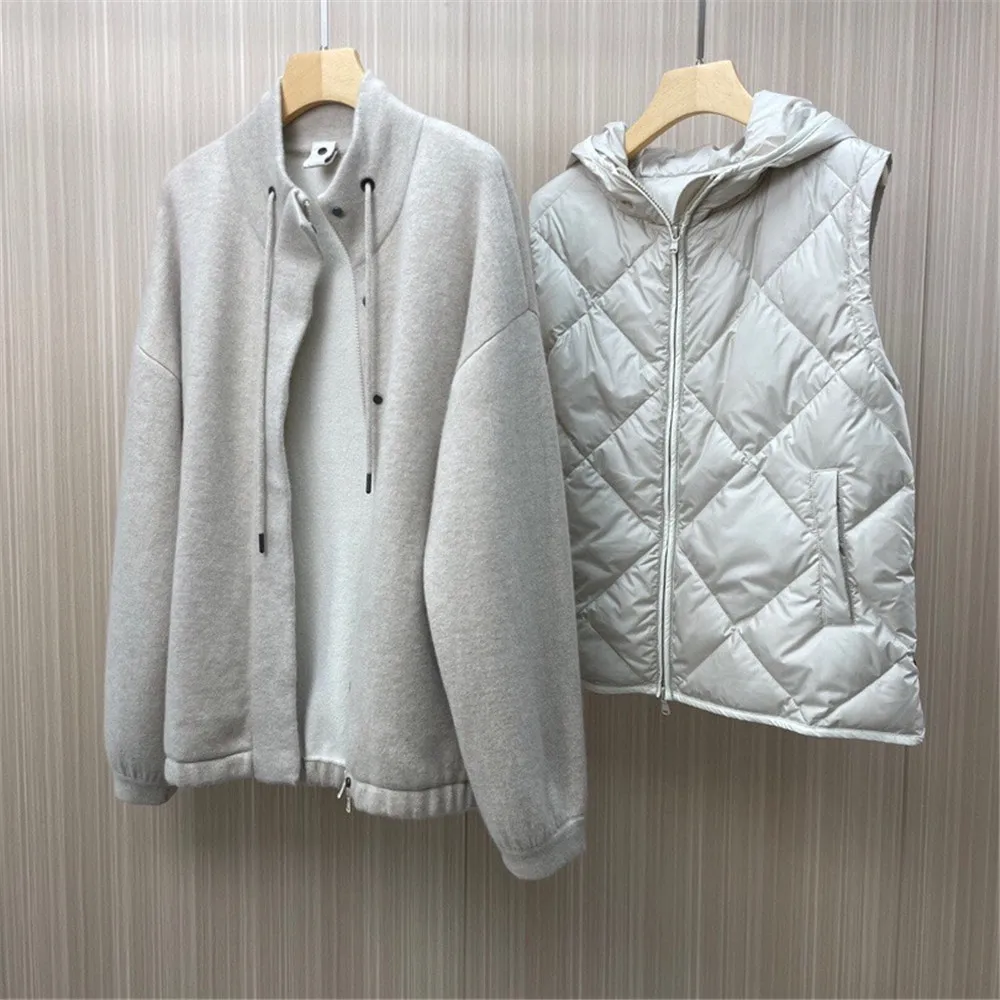 Women's Clothing Two-Piece Set Hooded Goose Down Vest  + Warm Thick Cashmere Cardigan Coat