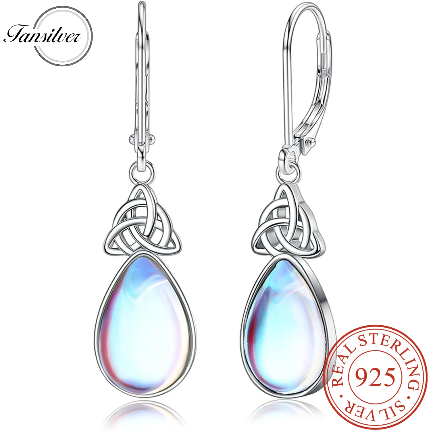 

Женские серьги Fansilver из стерлингового серебра 925 пробы, висячие серьги-капли с лунным камнем, кельтские треугольные серьги, ювелирные изделия для пирсинга