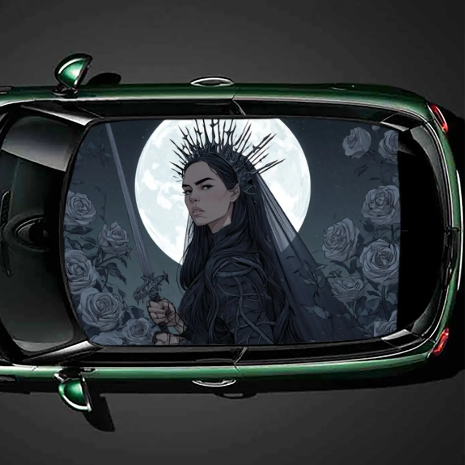

Rose Swordswoman Under The Moonlight Print PVC Car Roof Sticker, Self-Adhesive Waterproof Car Vinyl Decal, Car Decoration Protec