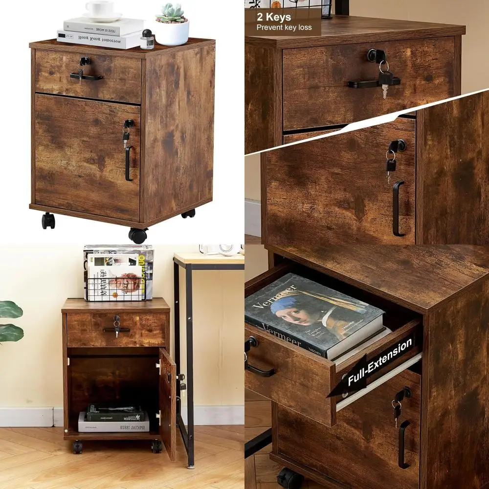 

Secure Wooden Under-Desk File Cabinet with Lockable Drawer and Door, Rolling Storage for Home Office in Rustic Brown