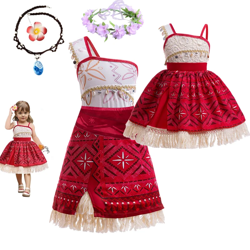 

Summer Girls Moana Costume Cosplay Kids Princess Dress Casual Beach Dress Necklace Hairpin Outfits For Carnival Birthday Party