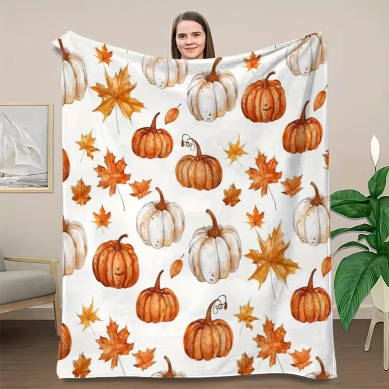 1pc Plush Flannel Blanket: Pumpkin Leaf Print (Autumn Colors), Soft Lightweight - Farmhouse Fall/Halloween/Thanksgiving Decor