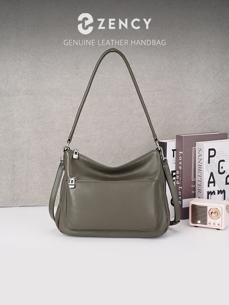Zency Cowhide Leather Olive Green Handbag Women Shoulder Bag Fashion Multi-functional Pockets Crossbody For Work Commute Shopper