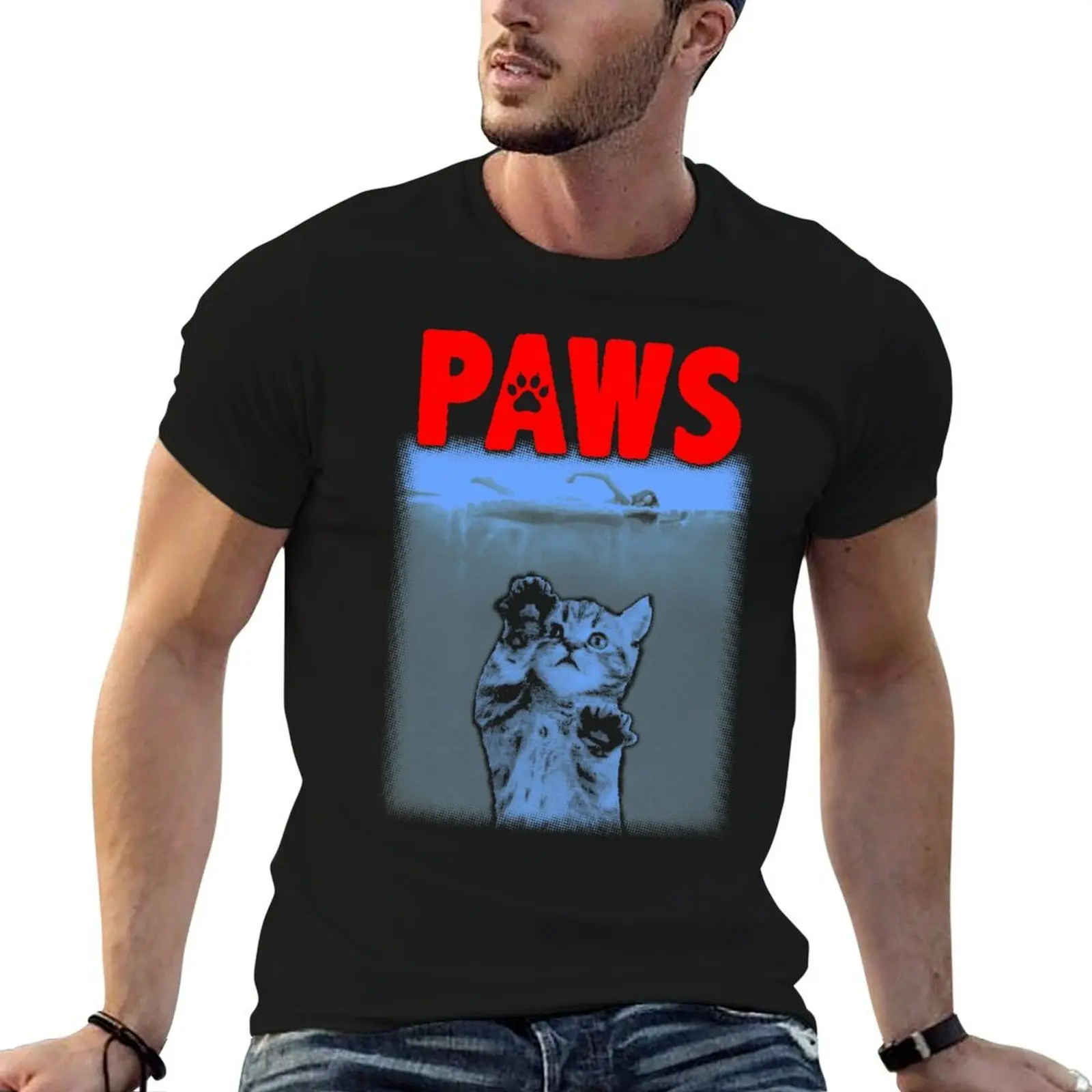 PAWS Kitten JAWS Parody T-Shirt anime tshirt t shirt for man 100 percent cotton t shirts for man cotton T-shirt