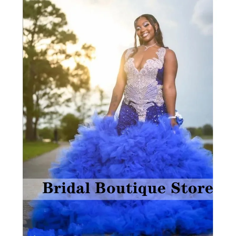 

Королевское синее, черное платье для выпускного вечера для девочек, платье с серебряными бриллиантами и кристаллами Evenieng, платье для подиума с оборками, платье-пачка на день рождения