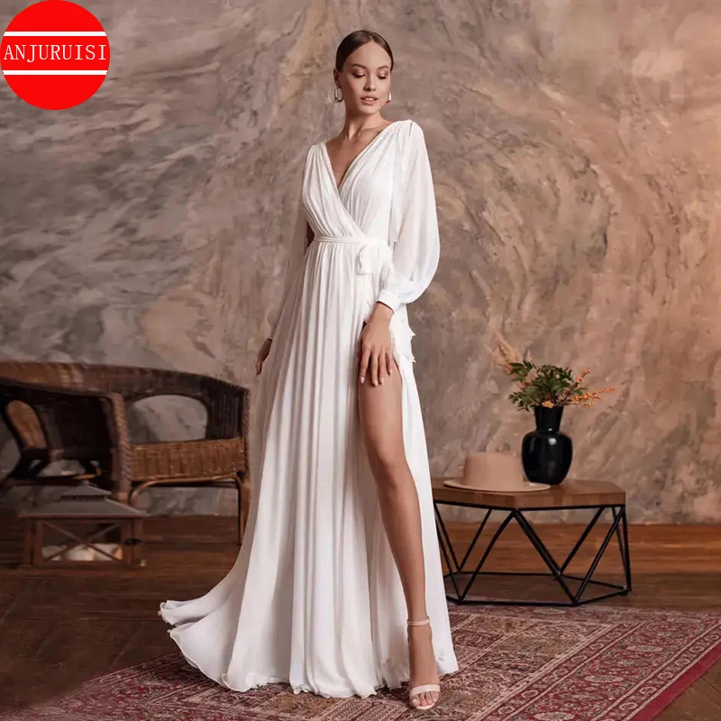 

Custom Made Simple Wedding Dress Sexy V Neck Long Sleeves Plain Chiffon A Line Beach Wedding Gown Side Slit Bridal Dres