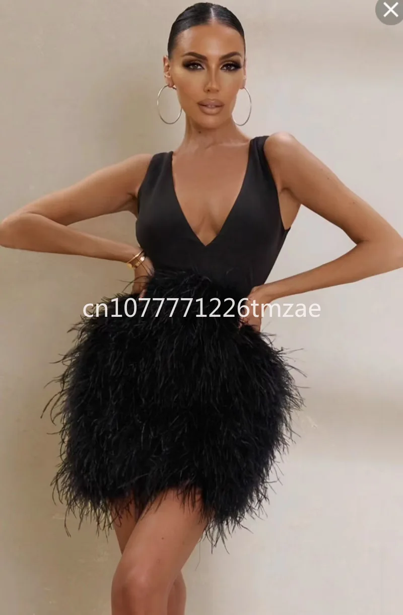 2023 Autumn New European and American Women's Clothing Sexy Tight Sequin Sloping Shoulder Dress Feather Sleeve Women