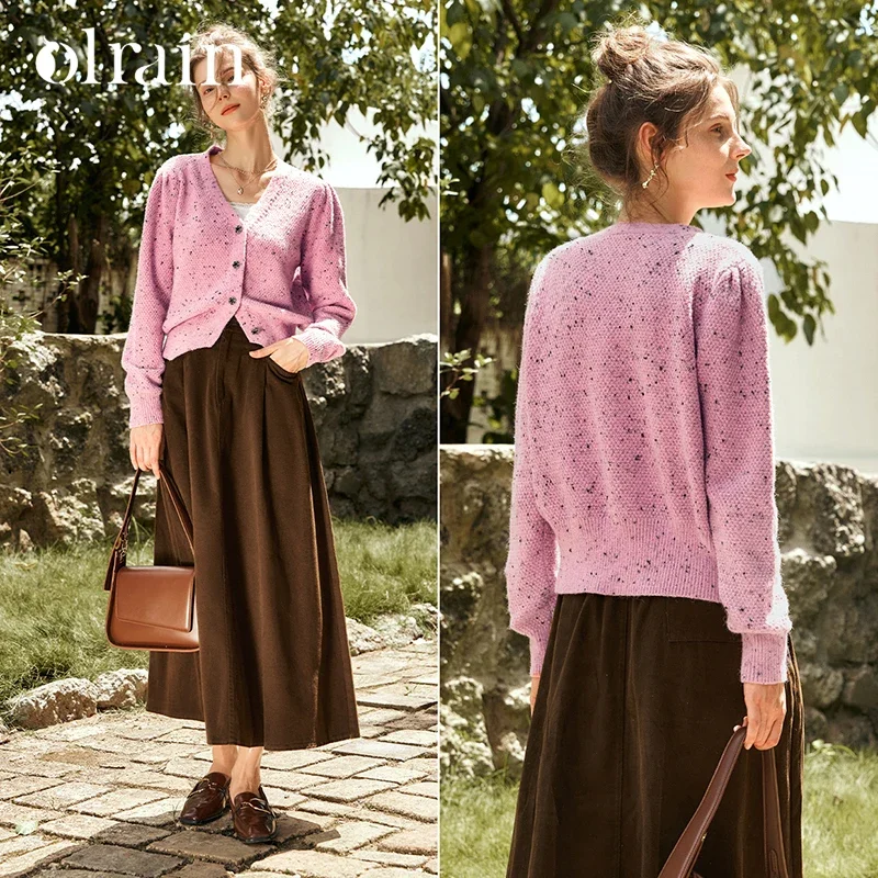 OLrain  Knitted Cardigan for Women 2025 Autumn Spliced V Neck Puff Sleeve Chic Single Button Ladies Sweaters E56QM93966