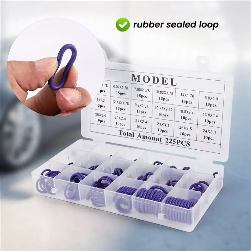 Upgraded 225Pcs Seal O-Ring R22 R134A Air Conditioning O-Ring Rubber Washer Assortment Pl Car Accessories
