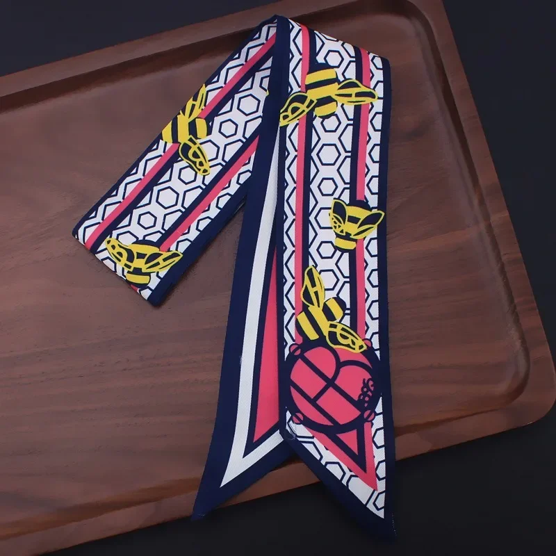 Fashion Luxury Brand Summer Small Skinny Scarf Hair Bag Ribbon Geometric bee Print Twill Silk Scarf For Women Tie Head Scarves