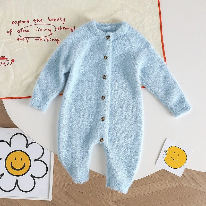 Unisex Baby Warm Knitted Jumpsuits in Autumn&Winter Infant Cute Plush Long-sleeve Romper Boys&Girls Outdoor Onesies for 6-9-12M