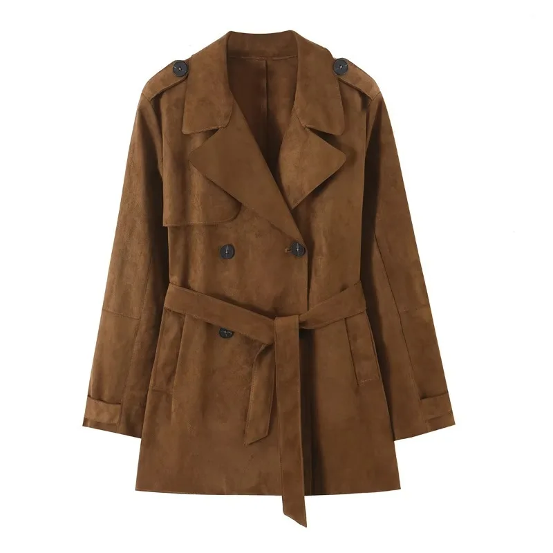 Guobioziy 2026 Vintage Commuter Loose Laid Back Style Women Faux Suede Trench Coat Double Breasted Notched Lapel Fall Outerwear