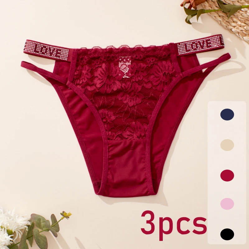 3pcs/set sexy women's underwear rhinestone fashion thong letter daily sports comfort T-back silky seductive lace underwear