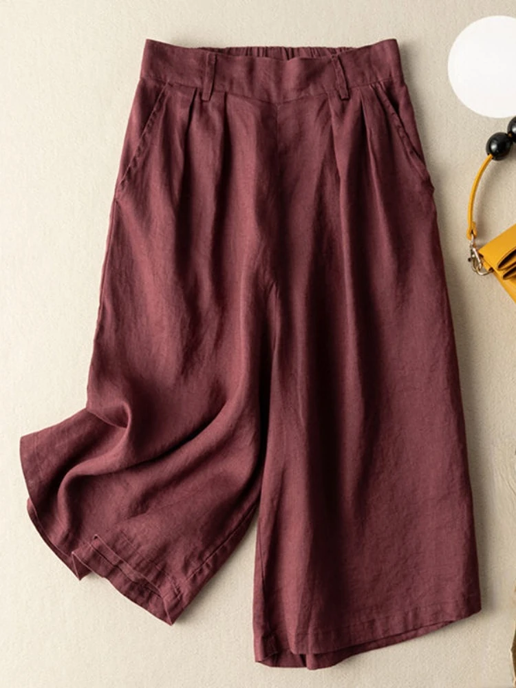 

Cotton Linen Wide Leg Pants Women Casual LOOSE Elastic Waist Calf-Length Pants Vintage High Waisted Linen Summer Women's Pants