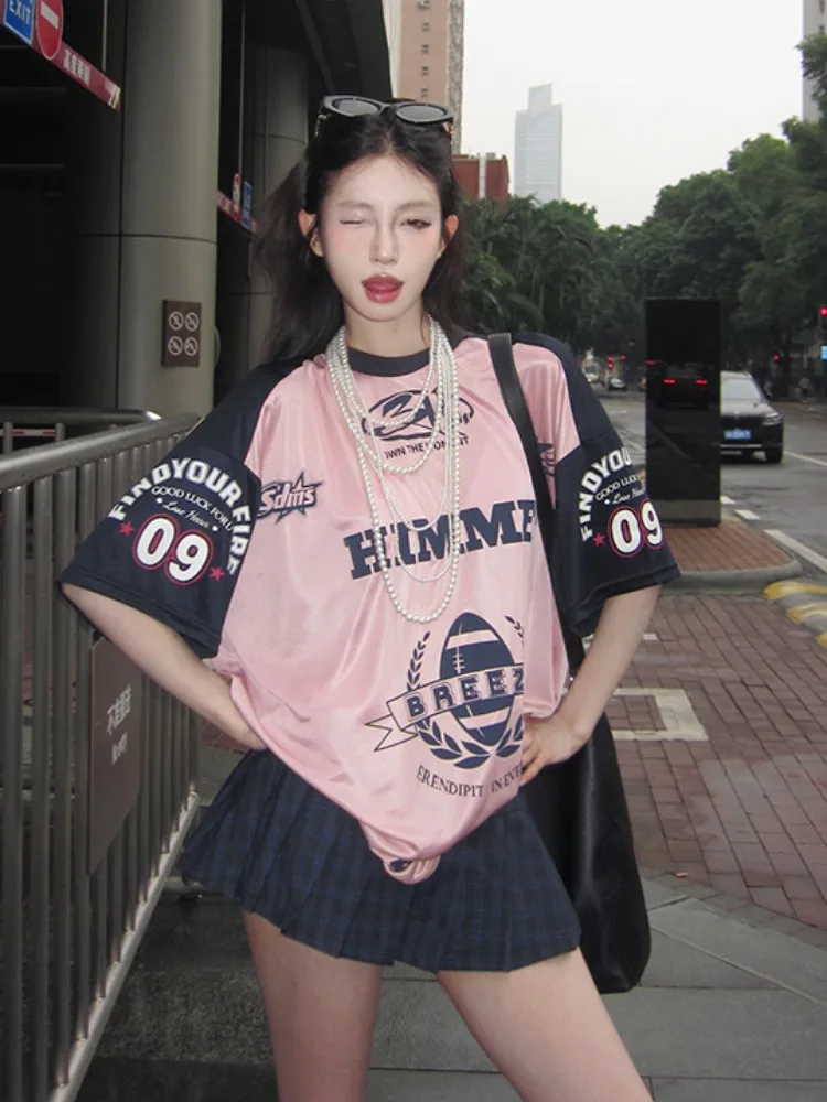 ADAgirl Satin Pink Sport T Shirts Women Letter Print Patchwork Short Sleeve Tops American Retro Summer Basketball Loose Clothes