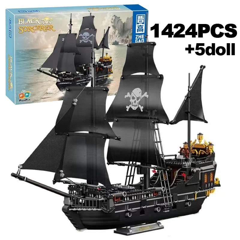 

Creative 1424PCS Black Sorcerer Pirate Ship Building Blocks Maritime Adventure Boat Model Assemble Bricks Toy Gift For Kid Adult