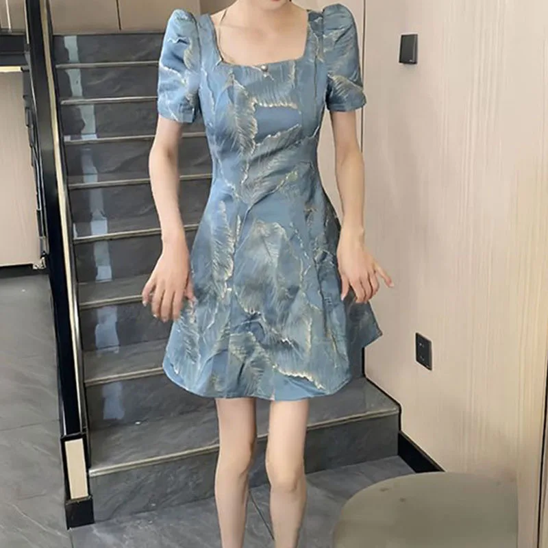 

New Chinese temperament dress female 2024 summer new heavy industry jacquard short-sleeved square neck waist slim A-line skirt