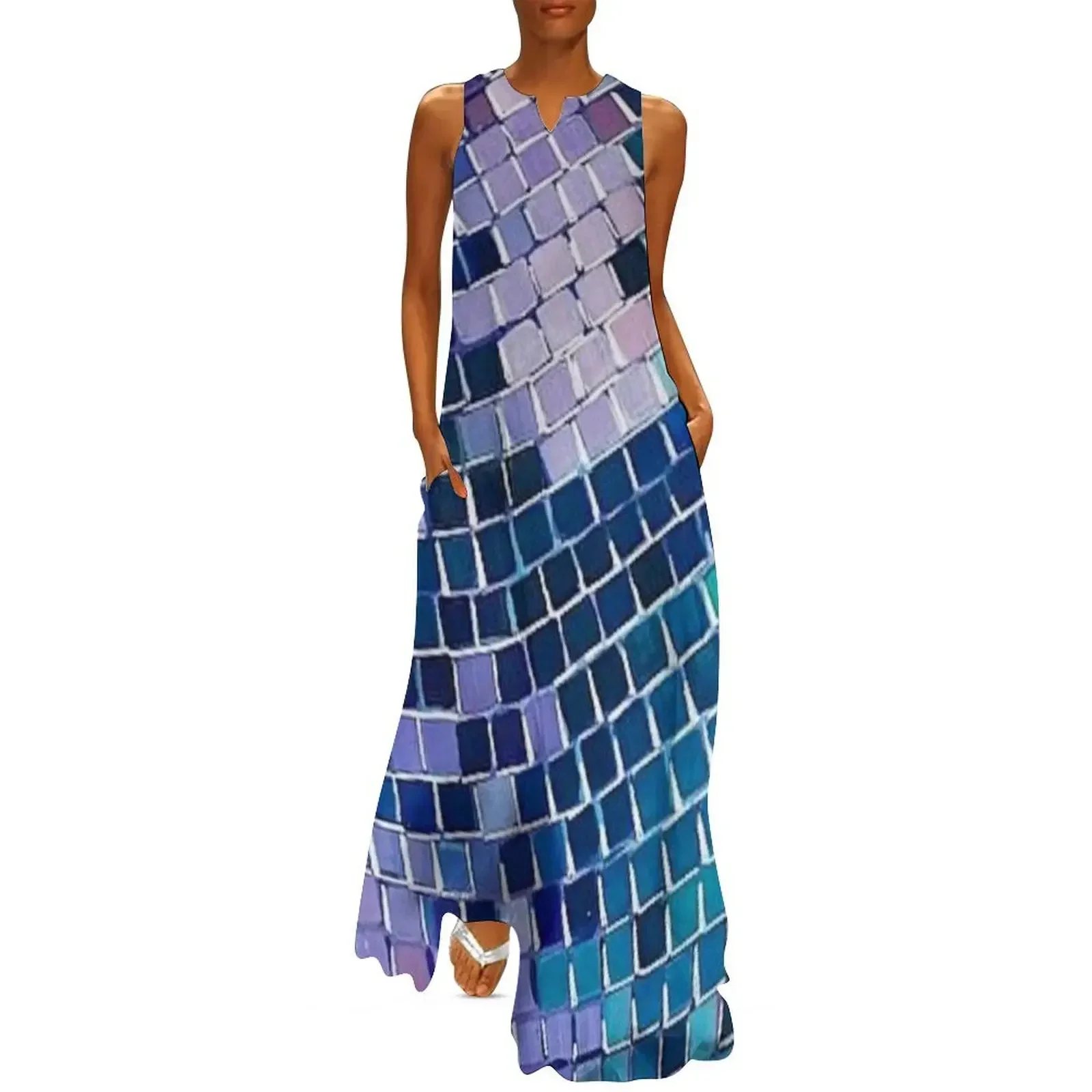 

Real Disco ball blue disco fever boogie dance 70s club disco party checkered Long Dress women's clothing trend 2025 Dress
