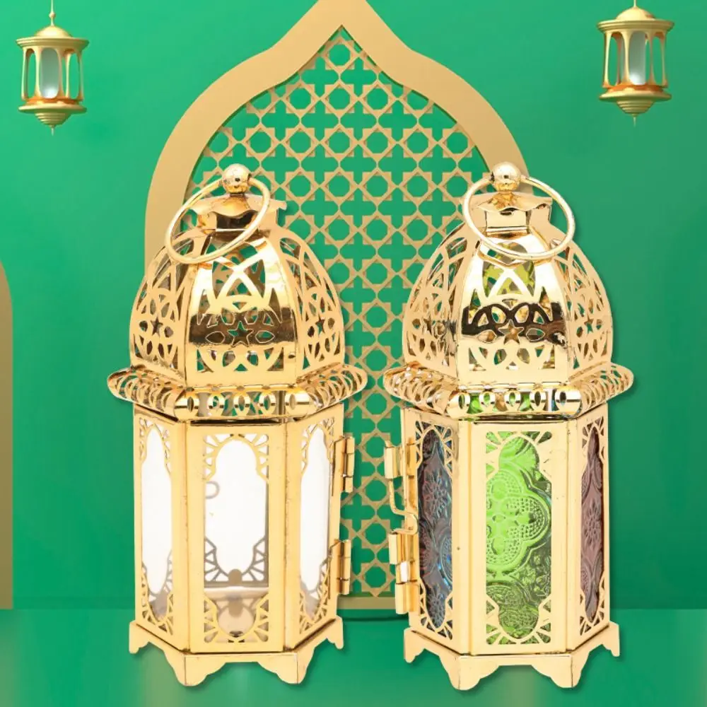 Gold European Castle Candlestick Vintage Hanging Candle Holder Moroccan Glass Candle Lantern Wedding Home Decor Ornaments