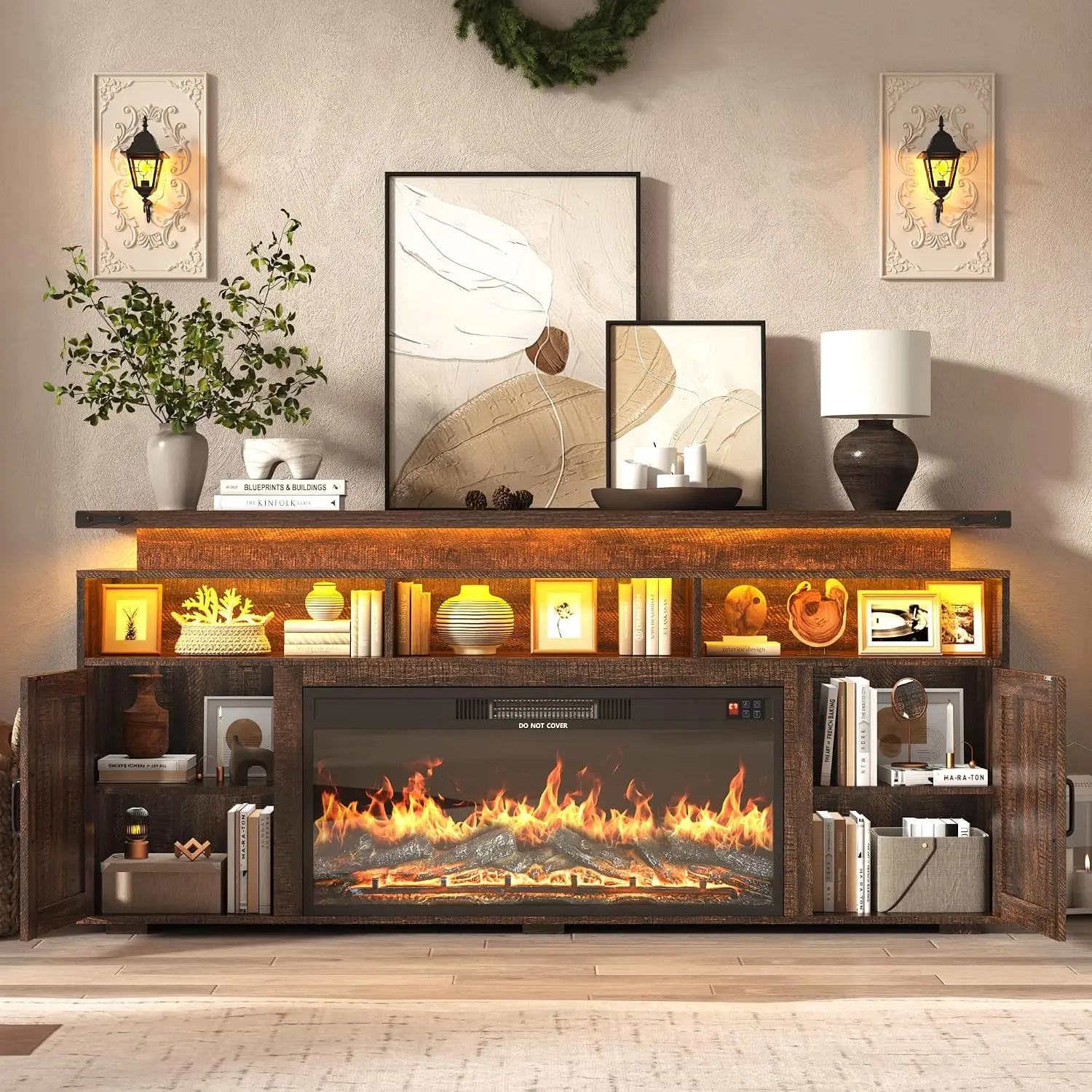 Farmhouse Fireplace TV Stand w/Power Outlet for 75/80 Inch TV, 32
