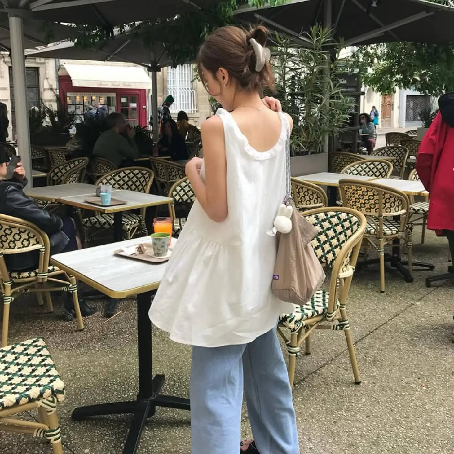 Dulce Color puro redondo Ne chaleco Dr Dongda puerta Tannat Retro pequeño ence Ele Sle Casual algodón verano Dr