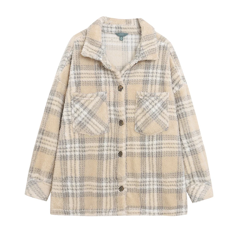 

Thickened Coral Fleece Casual Style Women's Coat Large Version Patterned Loose Fit Warm Long Sleeve Button up Shirt Style Out...