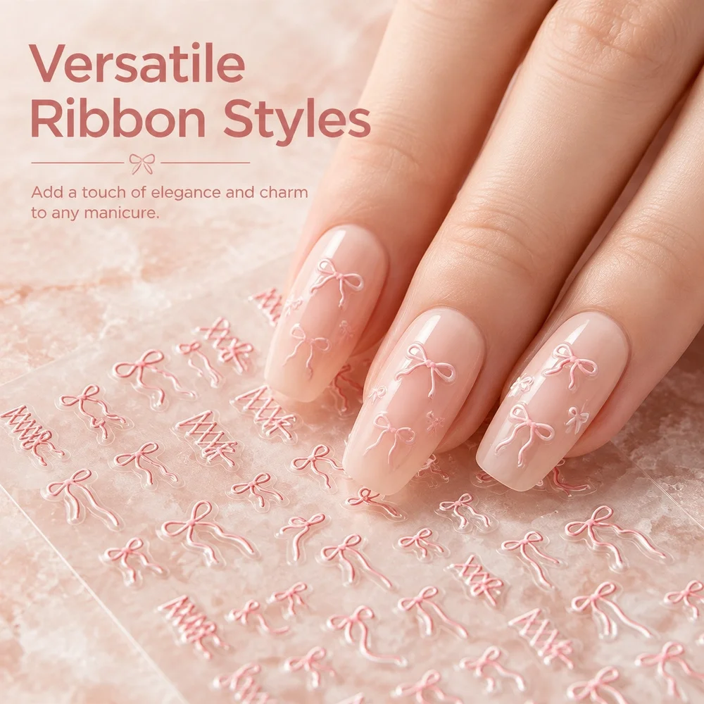 1Pc 5D Raised Ribbon Bow Nail Decals Stereo Rope Knot Adhesive Stickers For Salon Use Fashion Nail Art Embellishment Supplies