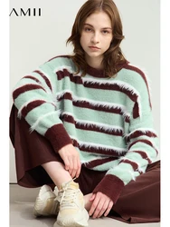 AMII Minimalist Women's Striped Pullovers 2024 Winter New Casual Round Neck Drop Sleeve Female Loose Grab Wool Sweater 12444134