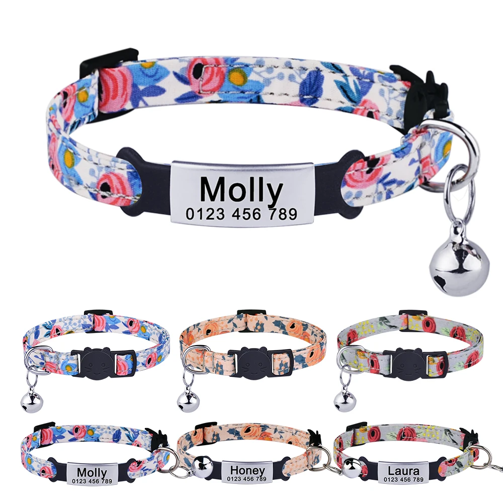 Collier de chat en nylon personnalisé avec fleurs, étiquette de nom d'identification, produits pour animaux de compagnie, petite installation rapide, fournitures unisexes pour chaton, été