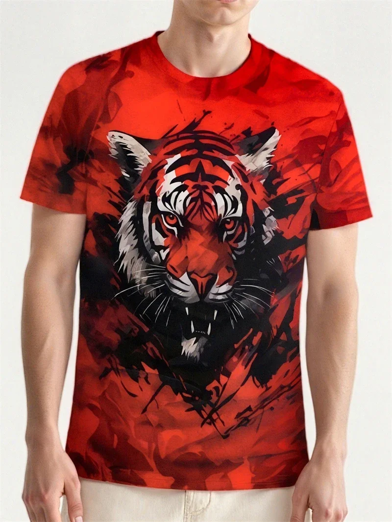 Fashion Men's Red Black Tiger Print TShirt 3D Animal Graphic Crew Neck Short Sleeve Bold Streetwear Casual Breathable Tee