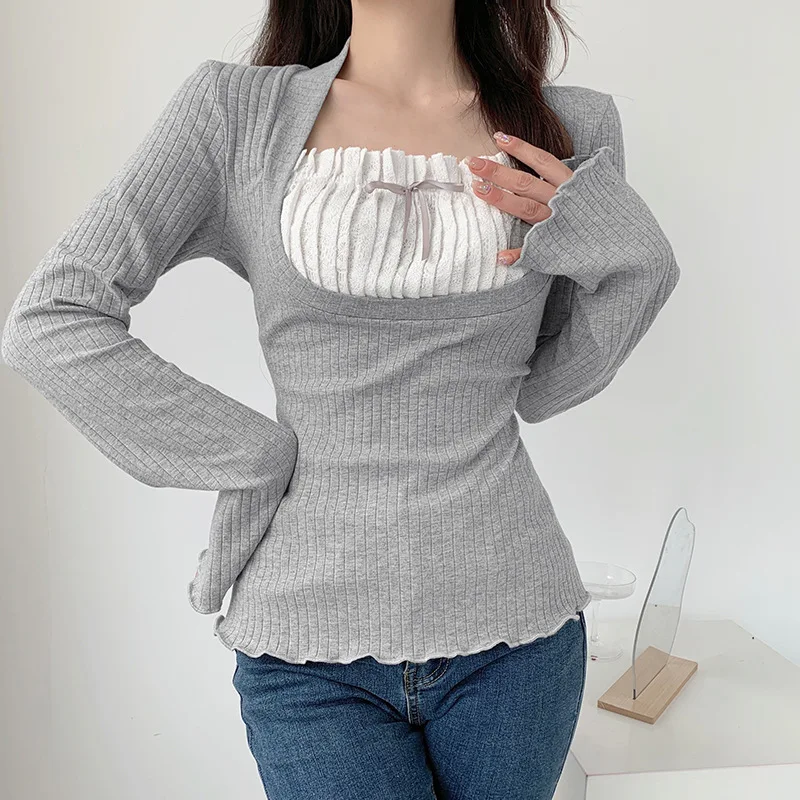 2023 New Fashion Pure Desire Ballet Style Spliced Folded Lace Edge Tight Pullover Long Sleeve Bottom T-shirt