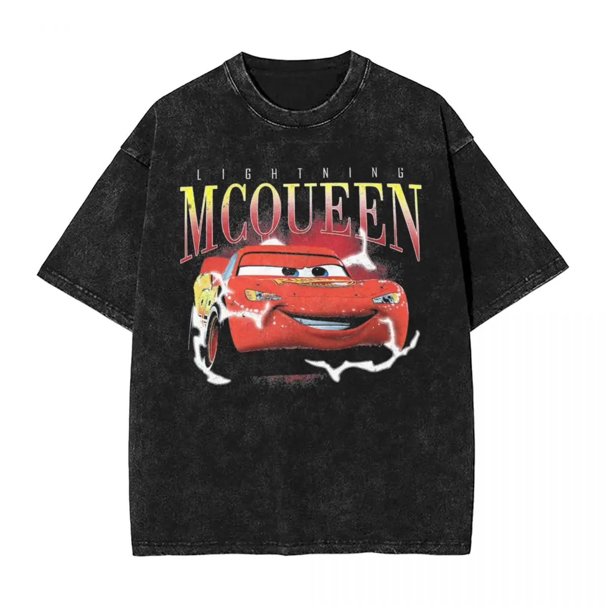 Smile Shiny Lightning Mcqueen T Shirts Hip Hop Washed Cotton Oversize T-Shirt Cars Fashion for Men Women Tops Streetwear Tees