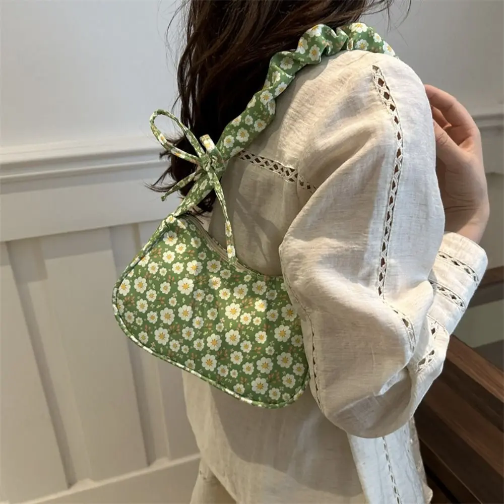 Flower Pattern Printing Shoulder Bag Large Capacity Bow Sweet Canvas Bag Underarm Bag Wrinkle Lovely Tote Bag Travel