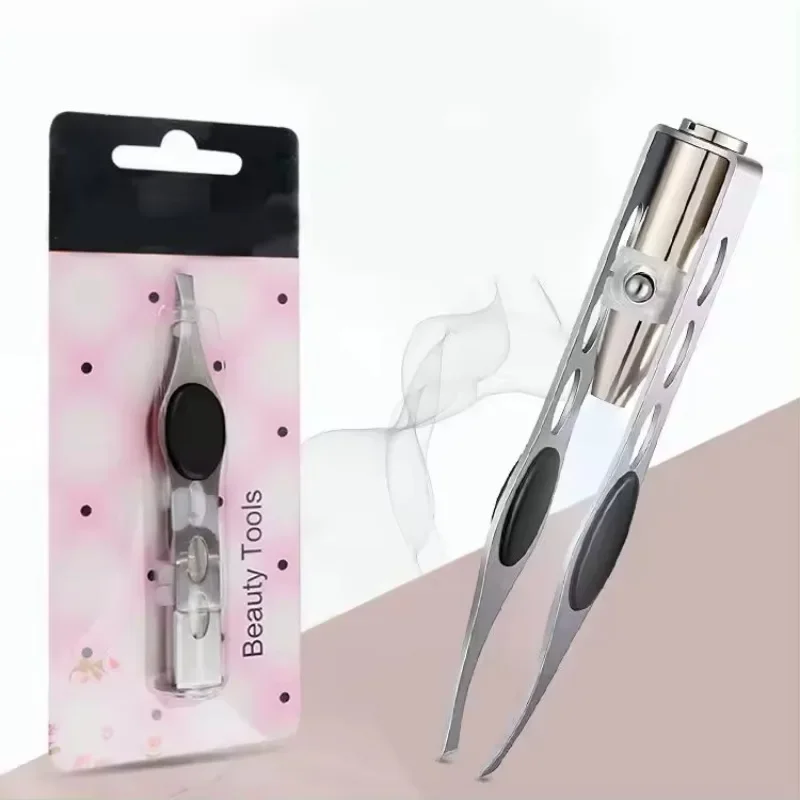 Clip para recortar cejas, ciruela pasa para depilación de ojos, abrazadera para pestañas postizas, 1 LED, acero inoxidable, punta oblicua, herramienta de maquillaje