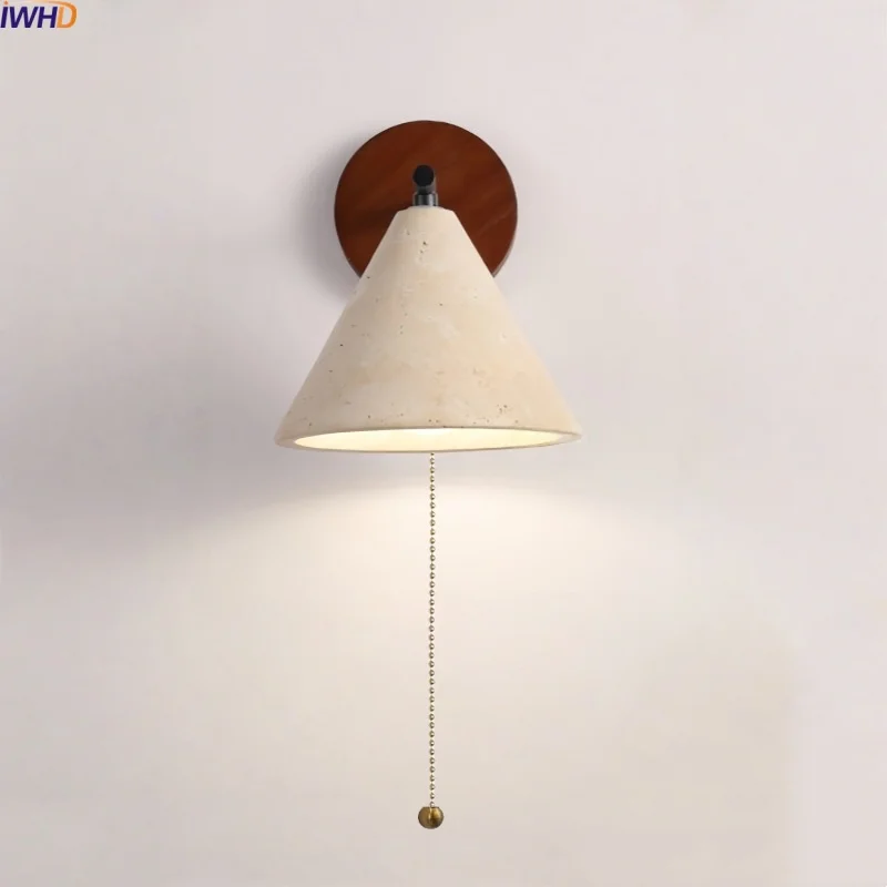 

IWHD Japan Style LED Wall Lamps Switch Bedroom Yellow Travertine Stone Black Iron Wabi Sabi Bathroom Stair Light Applique Murale